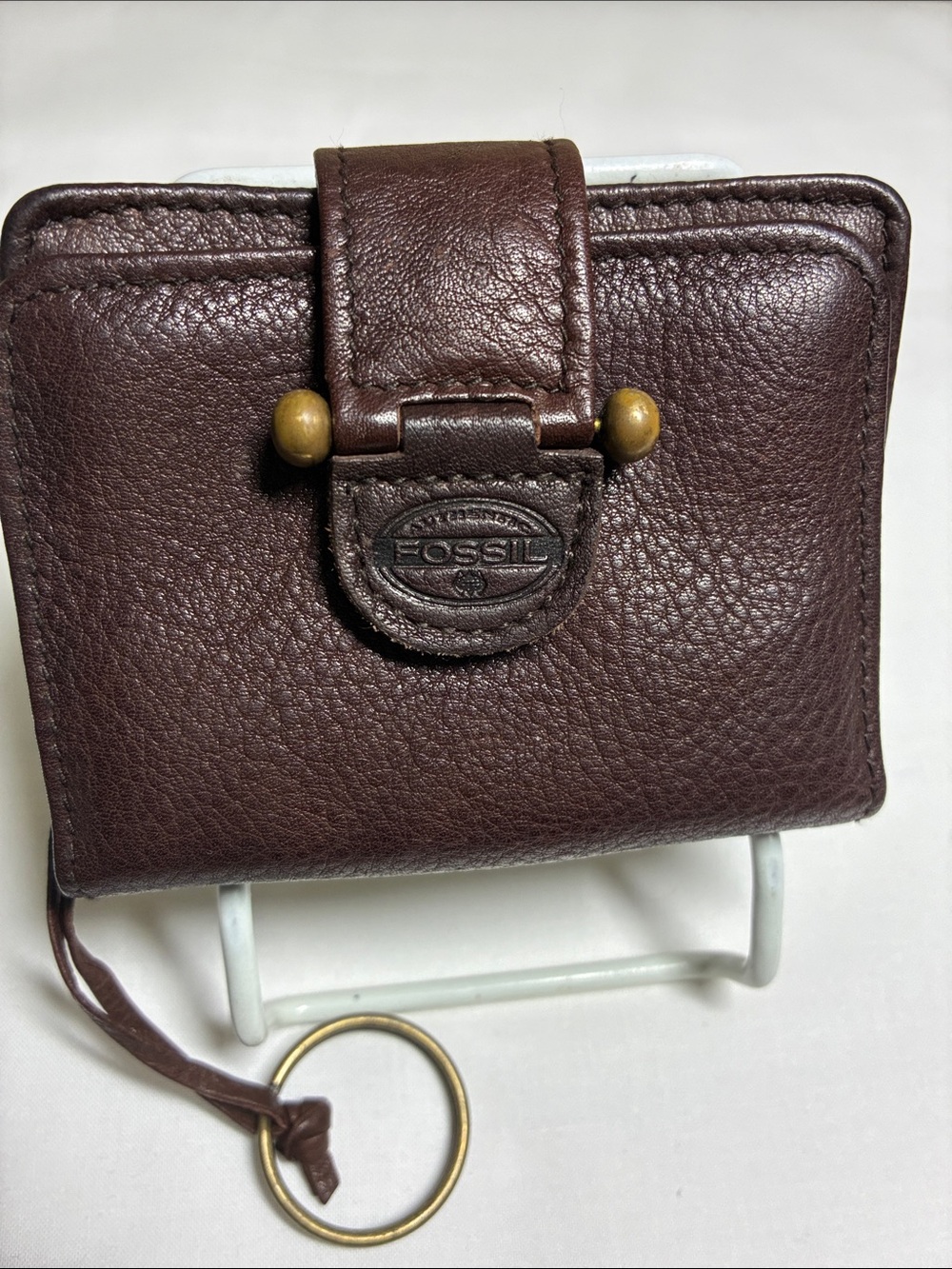 Fossil Genuine Leather Expresso Brown Keyring Keychain ID Wallet Wristlet